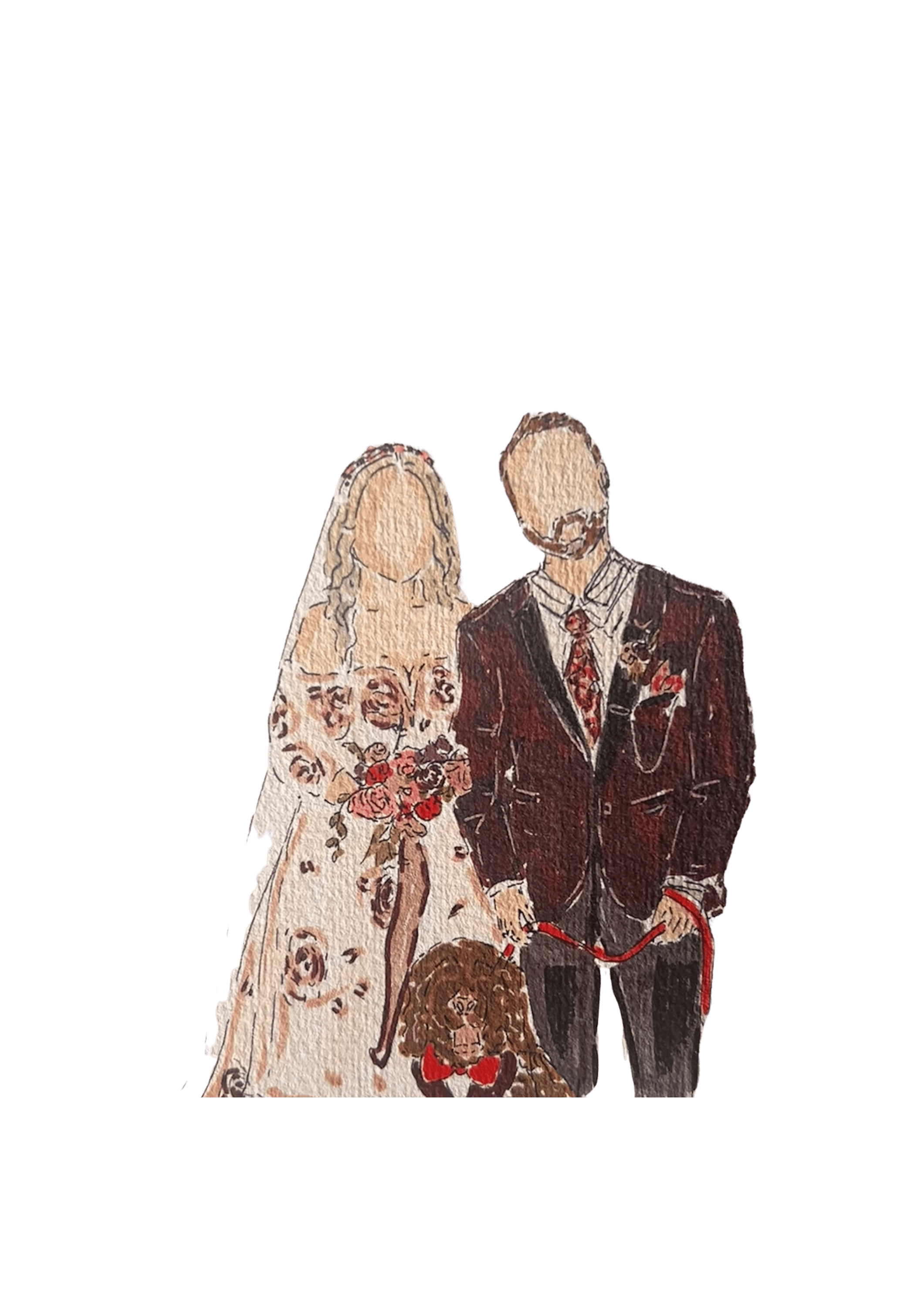 Hand-painted illustration of a bride with her dog
