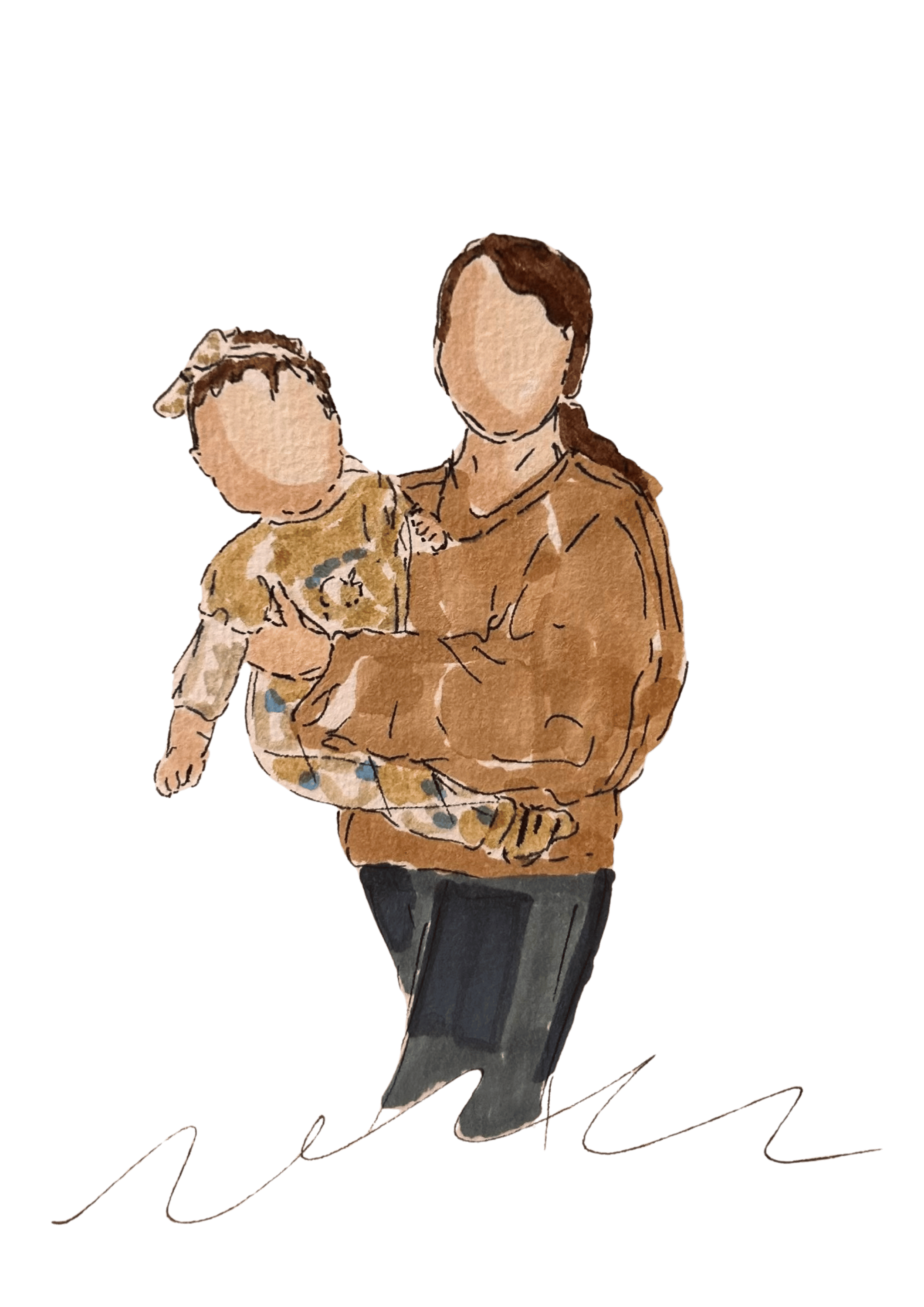Hand-painted illustration of a wedding family