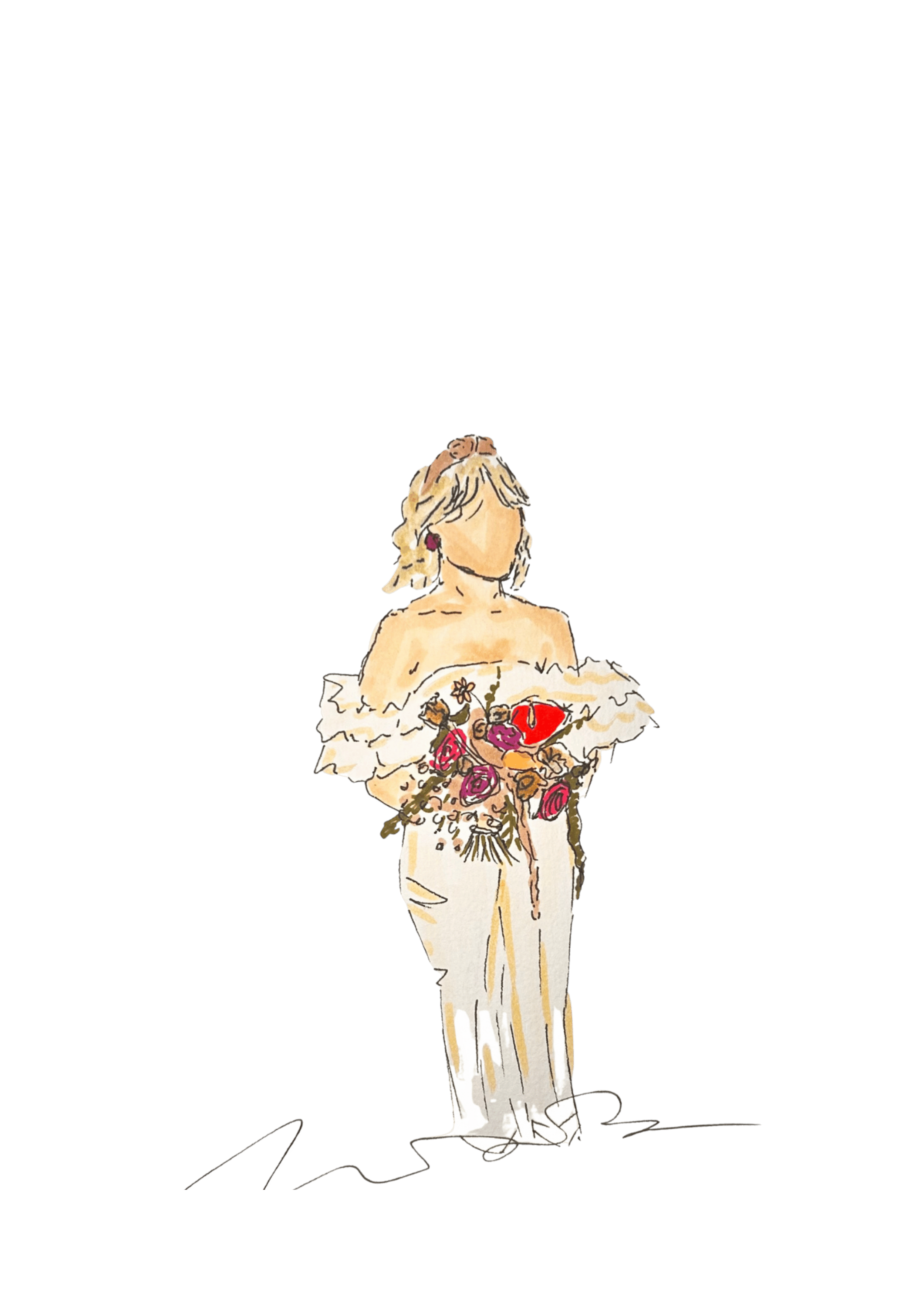 Hand-painted illustration of a bride holding a floral bouquet