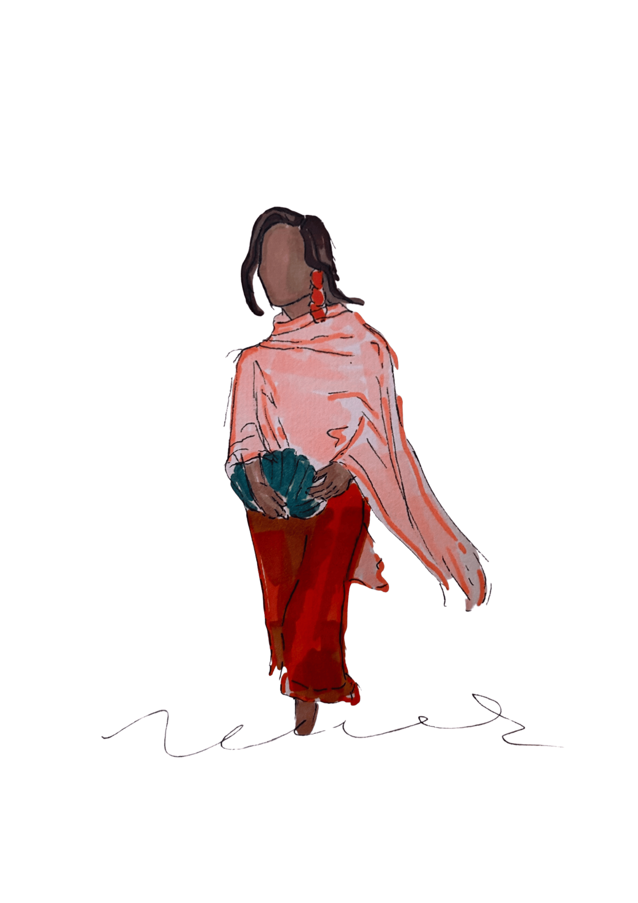 Hand-painted illustration of a woman in a flowing pink shawl, capturing the style of a live guest portrait